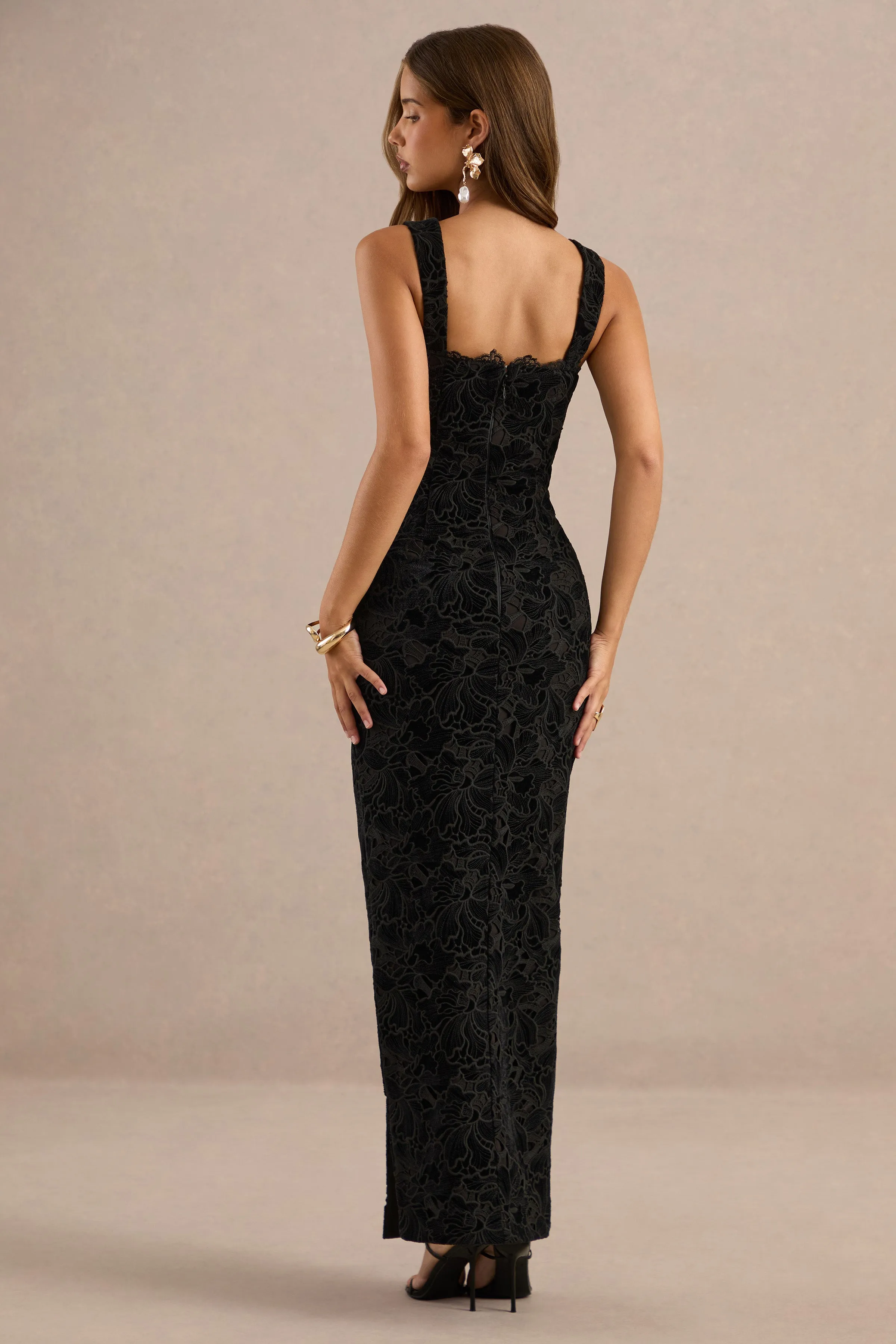 Ebelina | Black Lace Square Neck Maxi Dress With Back Split sold by Club L London product image thumbnail 2