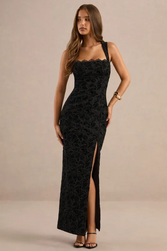 Ebelina | Black Lace Square Neck Maxi Dress With Back Split made by Club L London