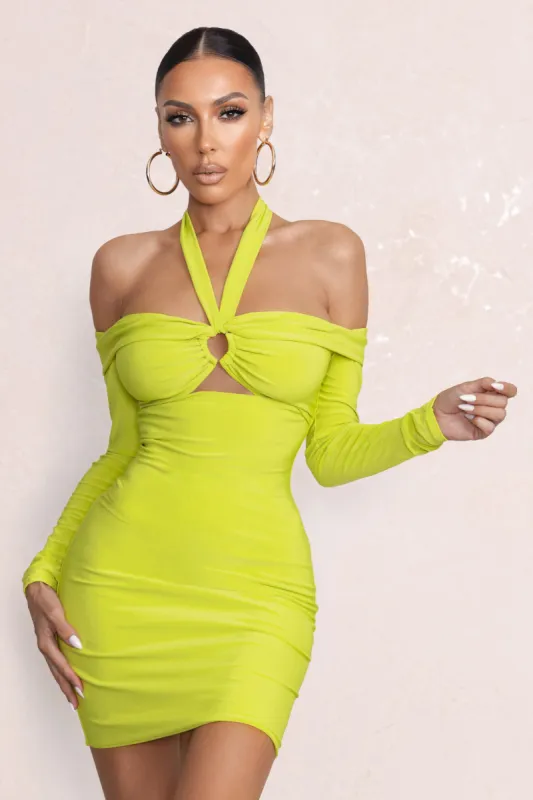 Never Stopping | Lime Green Bardot Halter Neck Cut Out Mini Dress sold by Club L London