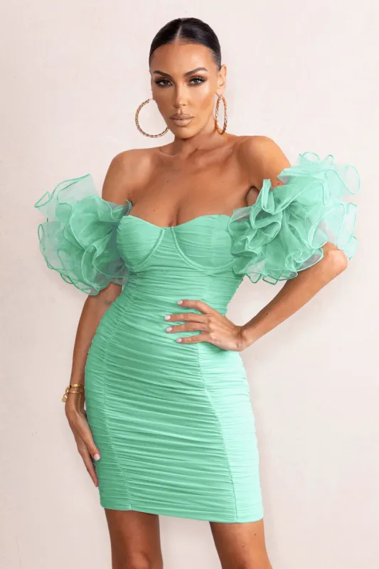 Irresistible | Mint Off The Shoulders Ruched Mini Dress With Organza Sleeves sold by Club L London