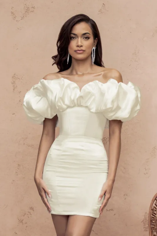 Fairyland | Cream Bardot Extreme Ruffle Corset Style Mini Dress sold by Club L London