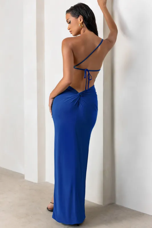 blue rain clothing dress Blue Sparkle Stretch Satin Beaded Long Dress With Lace-Up Open Back |