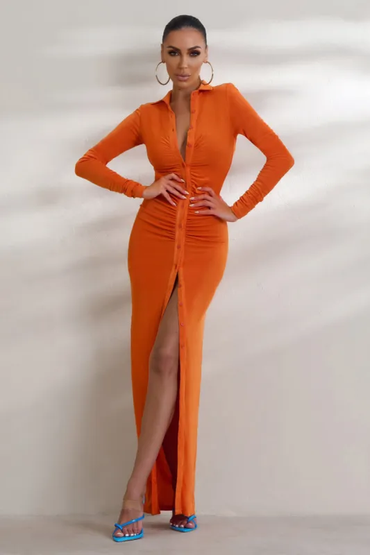Restless Heart | Orange Plunge Neck Ruched Detail Maxi Dress sold by Club L London