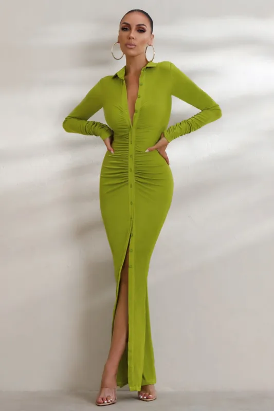 Restless Heart | Pea Green Plunge Neck Ruched Detail Maxi Dress sold by Club L London