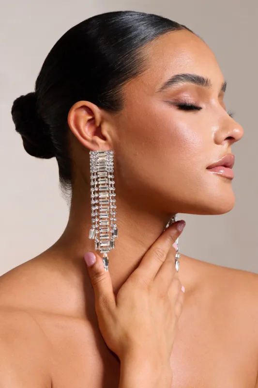 Kristen | Silver Diamante Tassel Drop Earrings sold by Club L London