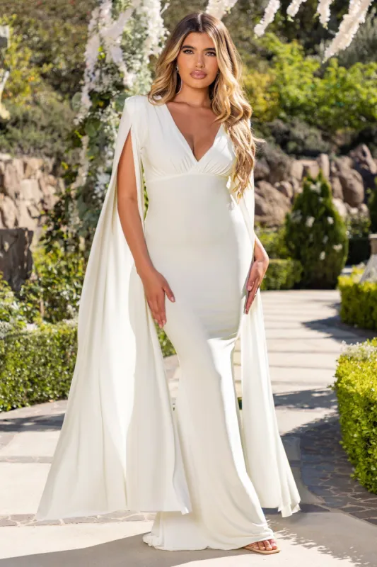 Beloved | Ivory Plunge Neck Maxi Dress With Cape Sleeves