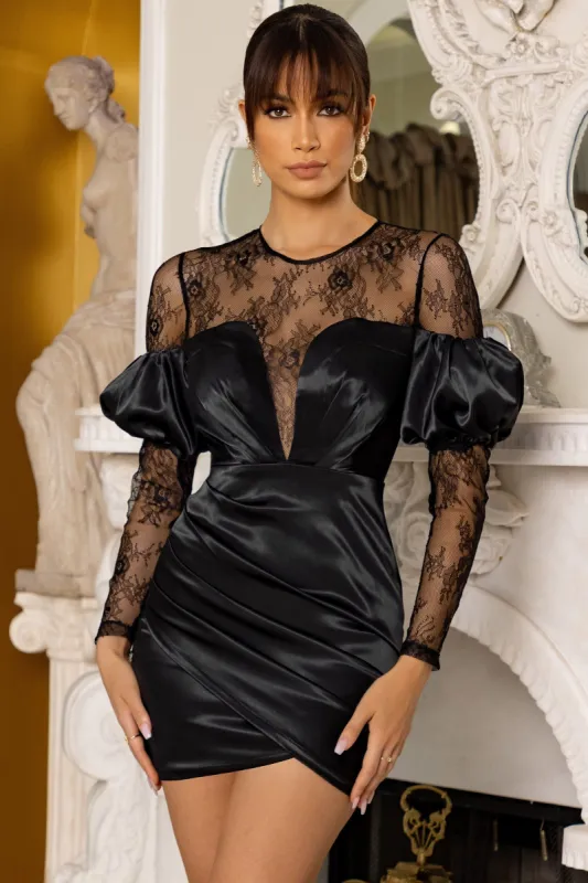 For You | Black Bardot Lace Detail Satin Mini Dress sold by Club L London