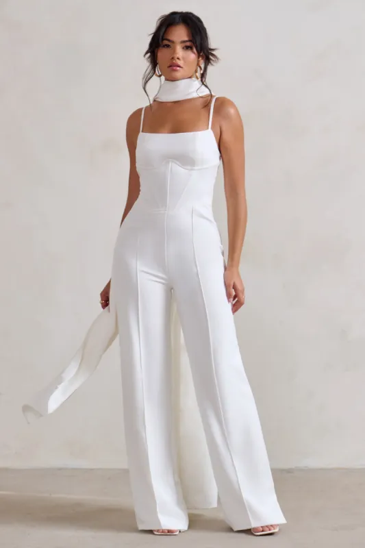 Winnie | White Corset Cami Jumpsuit With Statement Drape made by Club L London