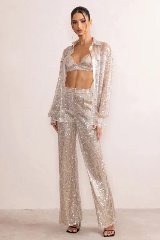 Dance All Night | Champagne Sequin High Waist Wide Leg Pants sold by Club L London