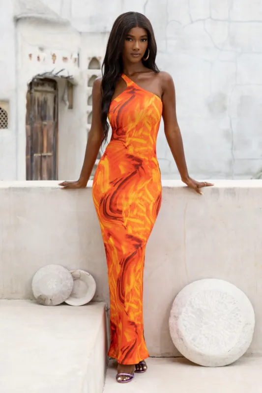 Influence | Orange Print Asymmetric Neck Open Back Detail Maxi Dress sold by Club L London