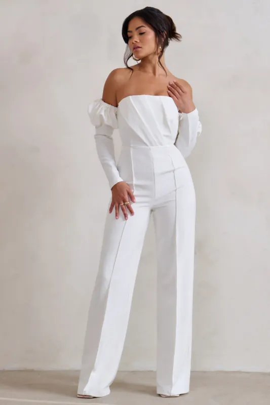 Reema | White Bardot Puff Long Sleeve Jumpsuit sold by Club L London