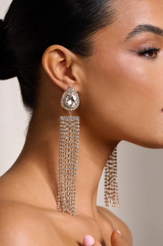 Parker | Silver Diamante Pendant Long Tassel Earrings sold by Club L London