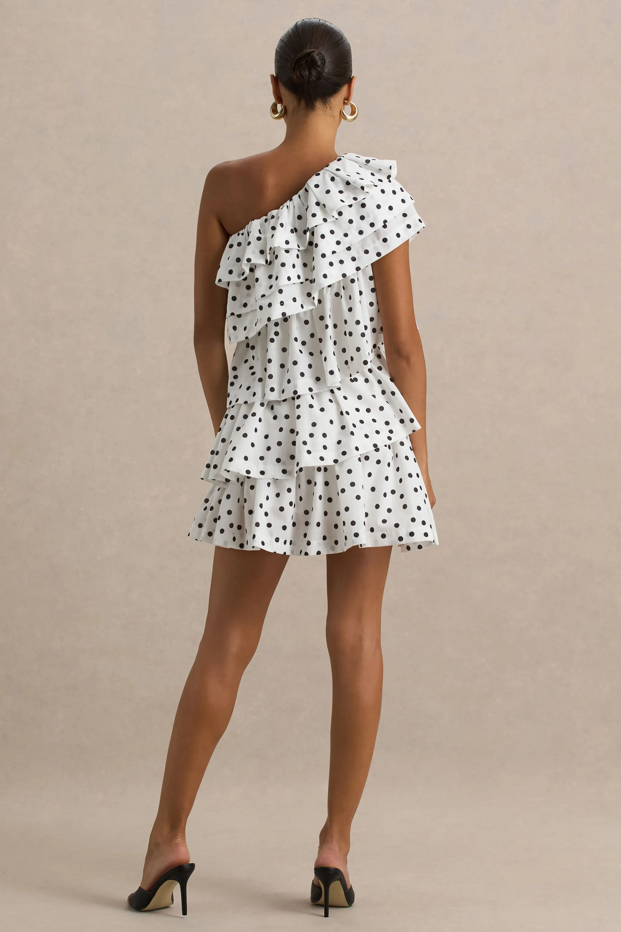 Orla | White Polka Dot Asymmetric Ruffled Mini Dress sold by Club L London product image thumbnail 2