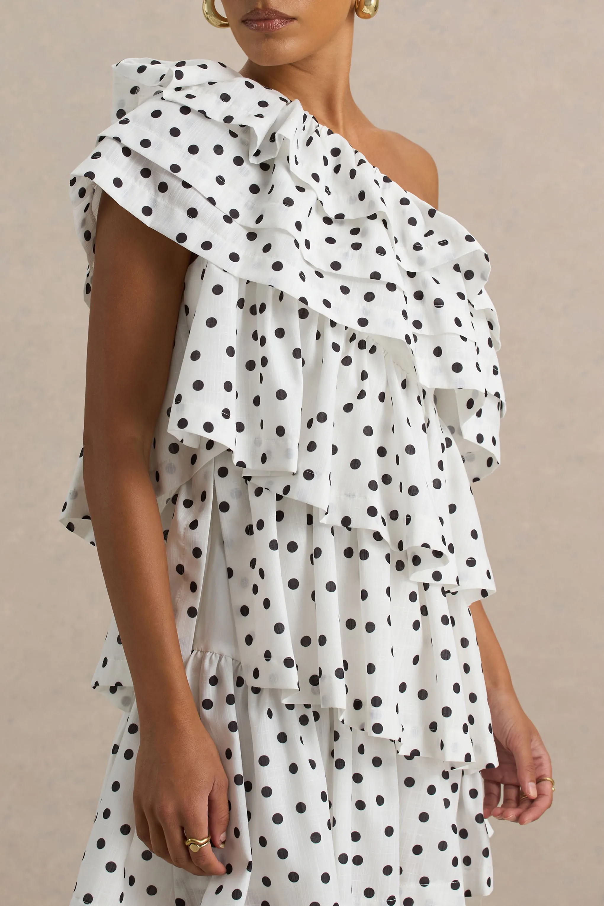 Orla | White Polka Dot Asymmetric Ruffled Mini Dress sold by Club L London product image thumbnail 4