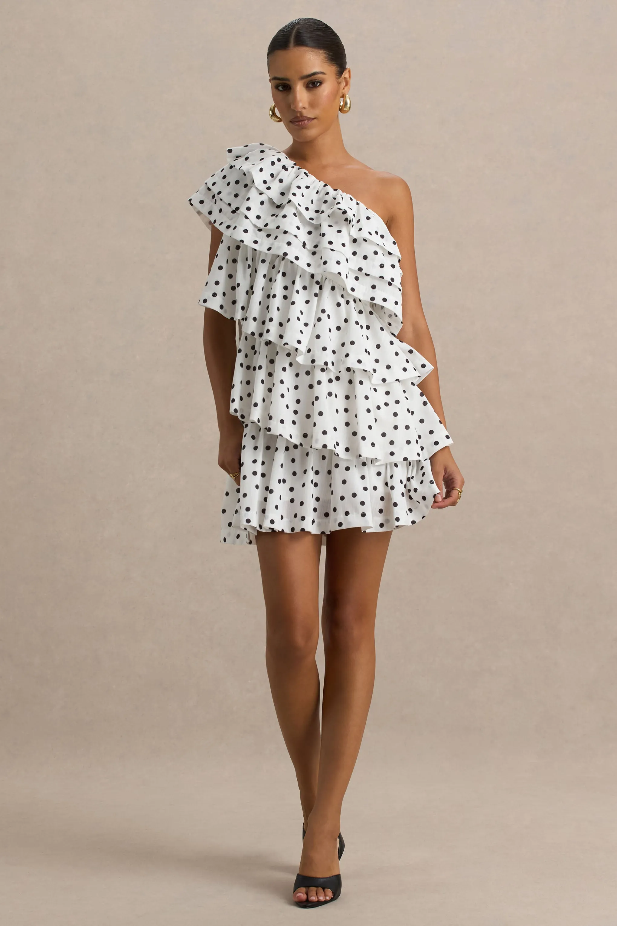 Orla | White Polka Dot Asymmetric Ruffled Mini Dress sold by Club L London product image thumbnail 3