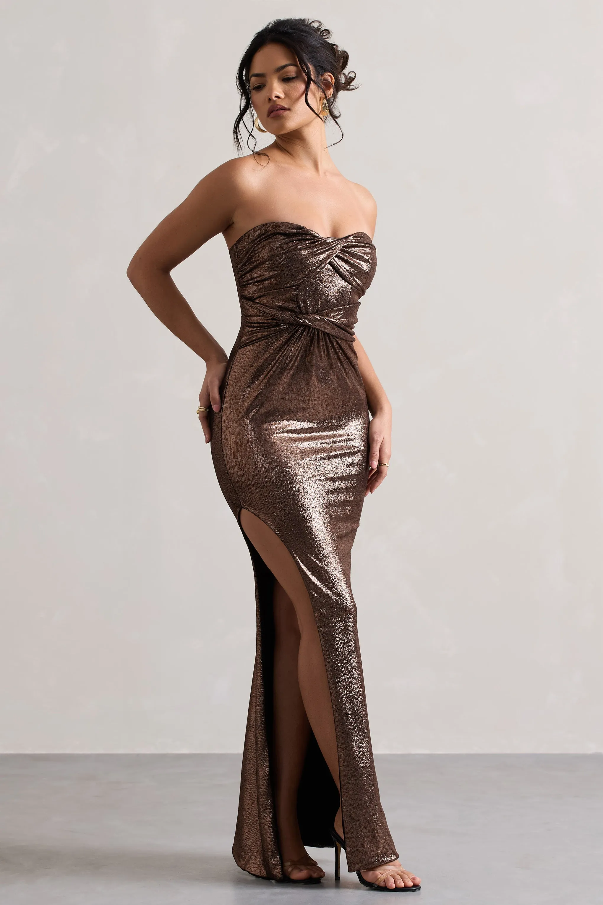 Nomad | Bronze Metallic Strapless Cut-Out Split Maxi Dress sold by Club L London product image thumbnail 5