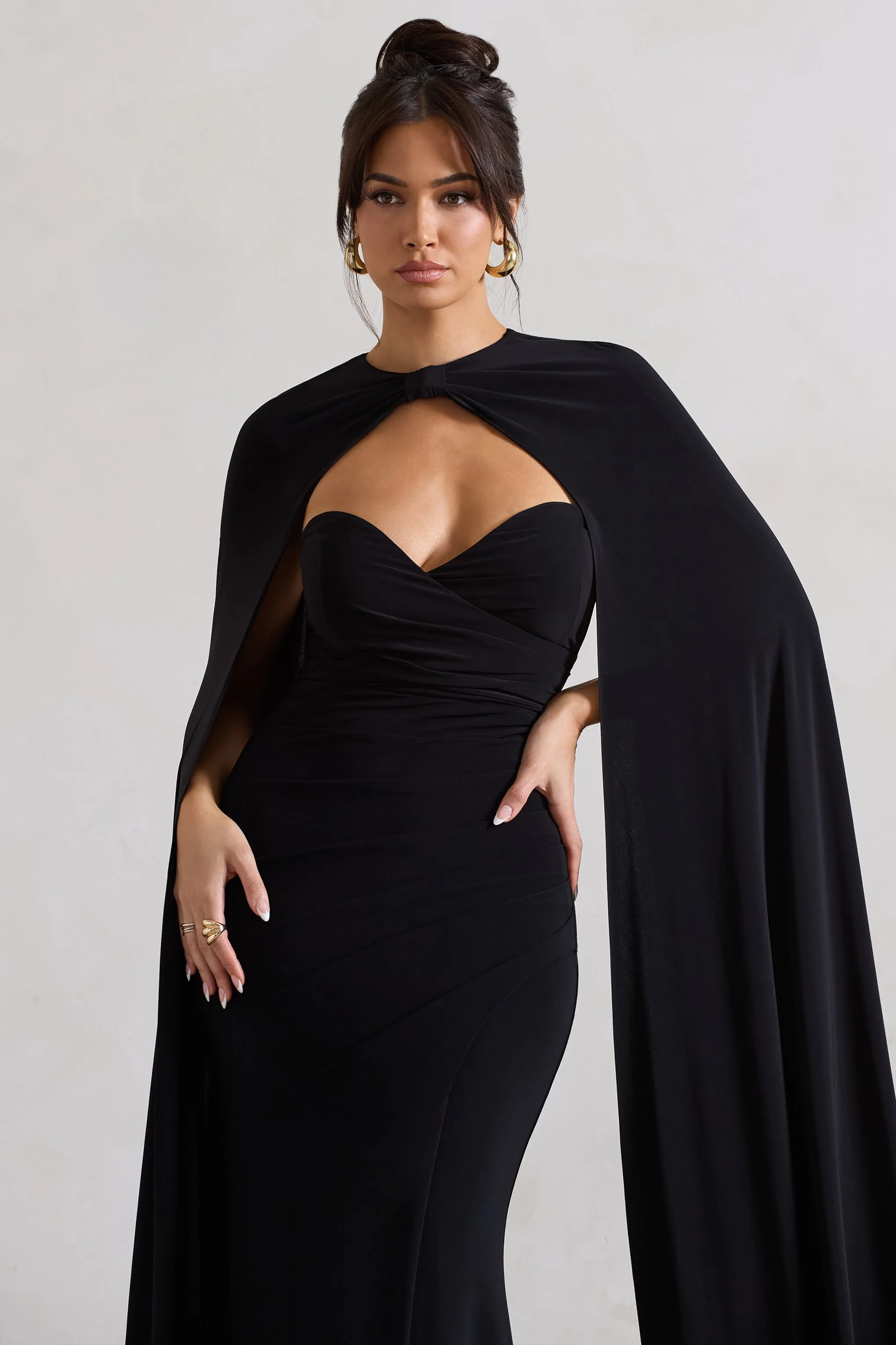 Reign | Black Corset Wrap Maxi Dress With Cape sold by Club L London product image thumbnail 3
