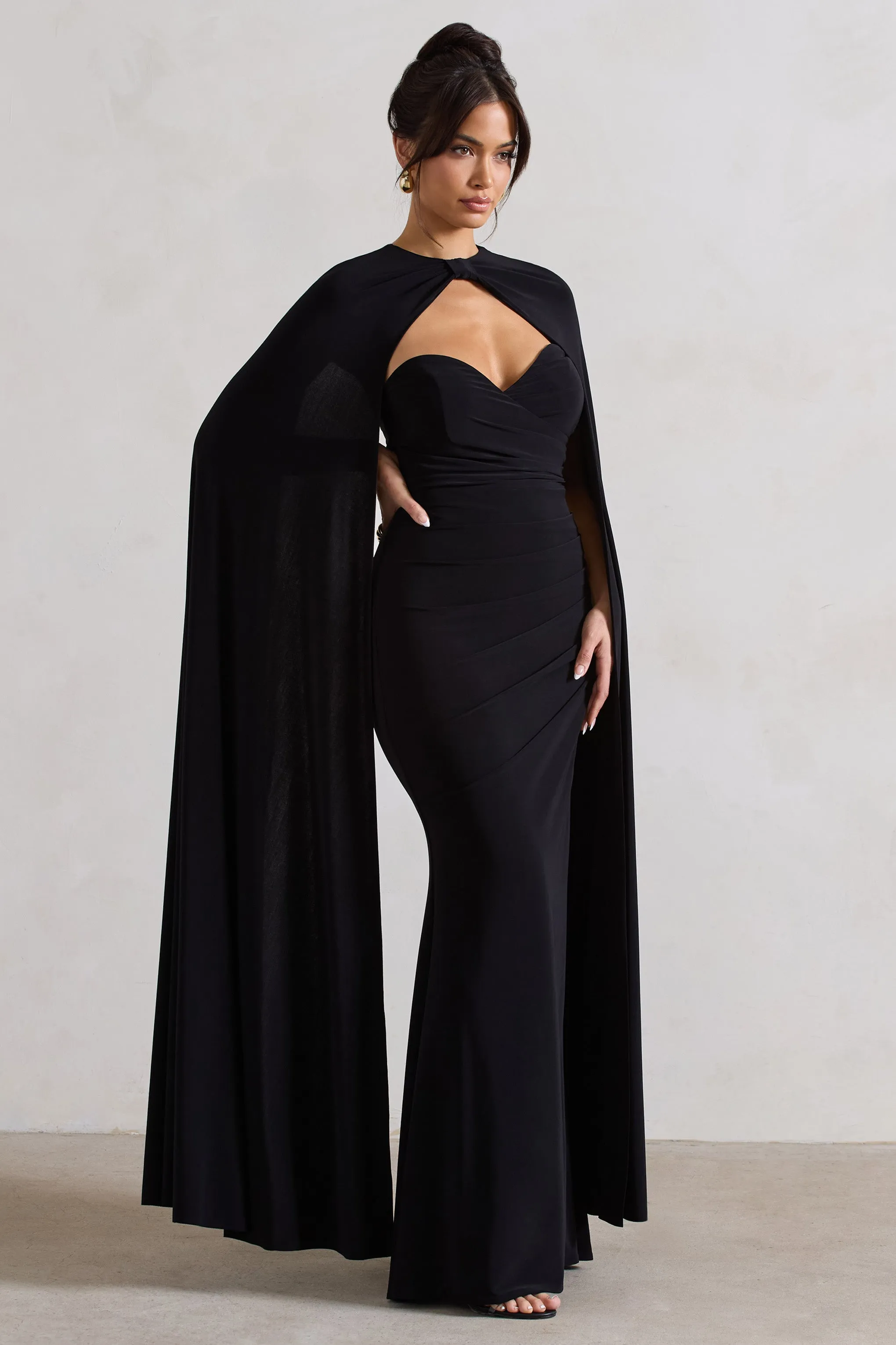 Reign | Black Corset Wrap Maxi Dress With Cape sold by Club L London product image thumbnail 4