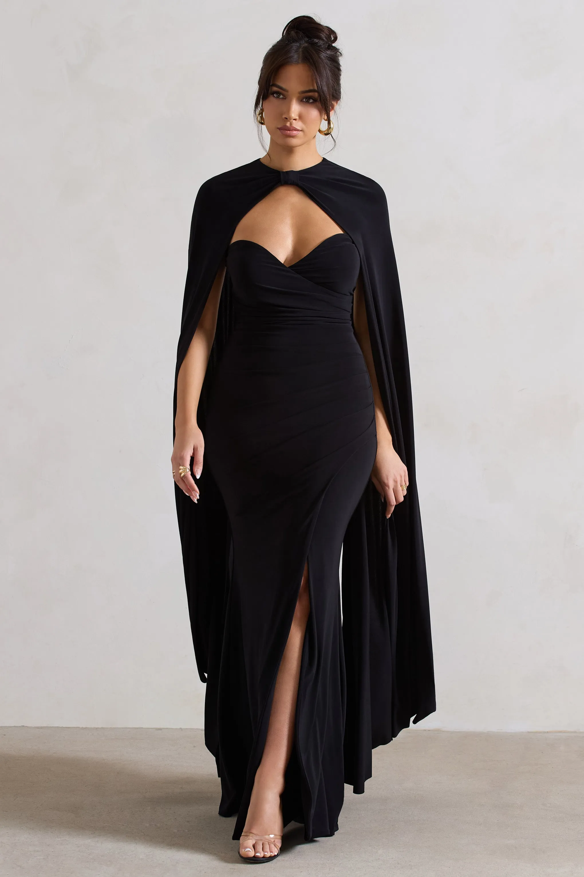 Reign | Black Corset Wrap Maxi Dress With Cape sold by Club L London