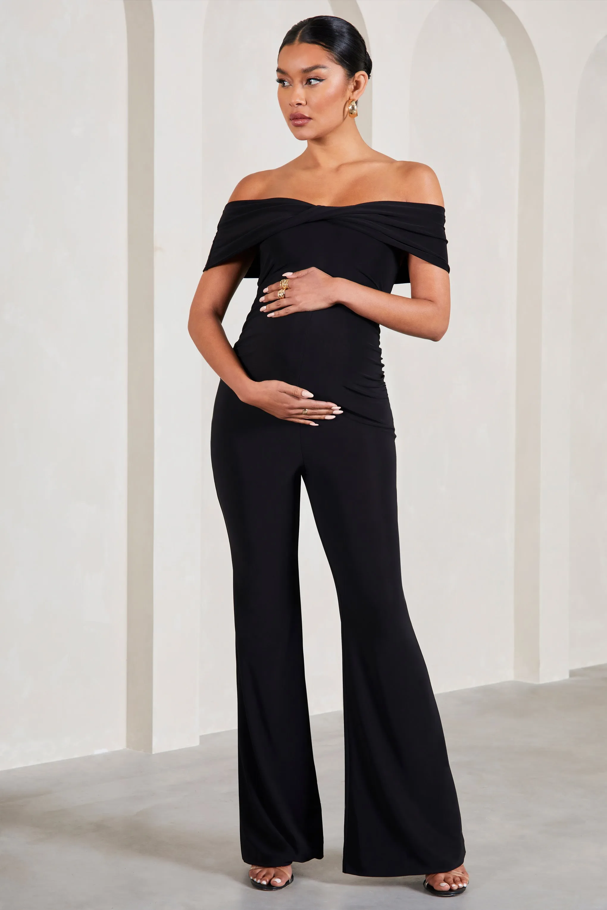 Elisa | Black Bardot Flared-Leg Maternity Jumpsuit sold by Club L London