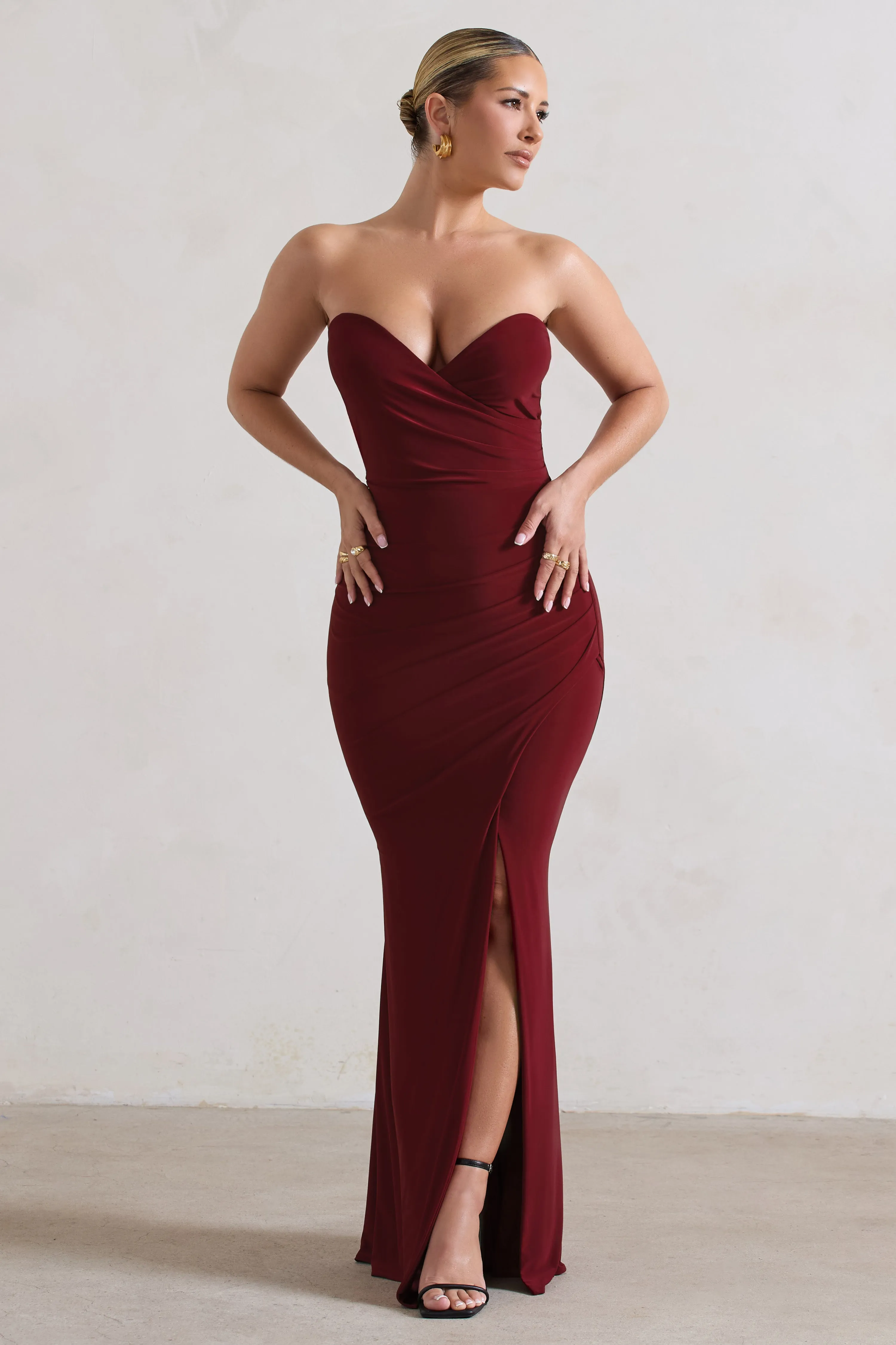 Saphira | Berry Gathered Corset Style Split Maxi Dress sold by Club L London product image thumbnail 5