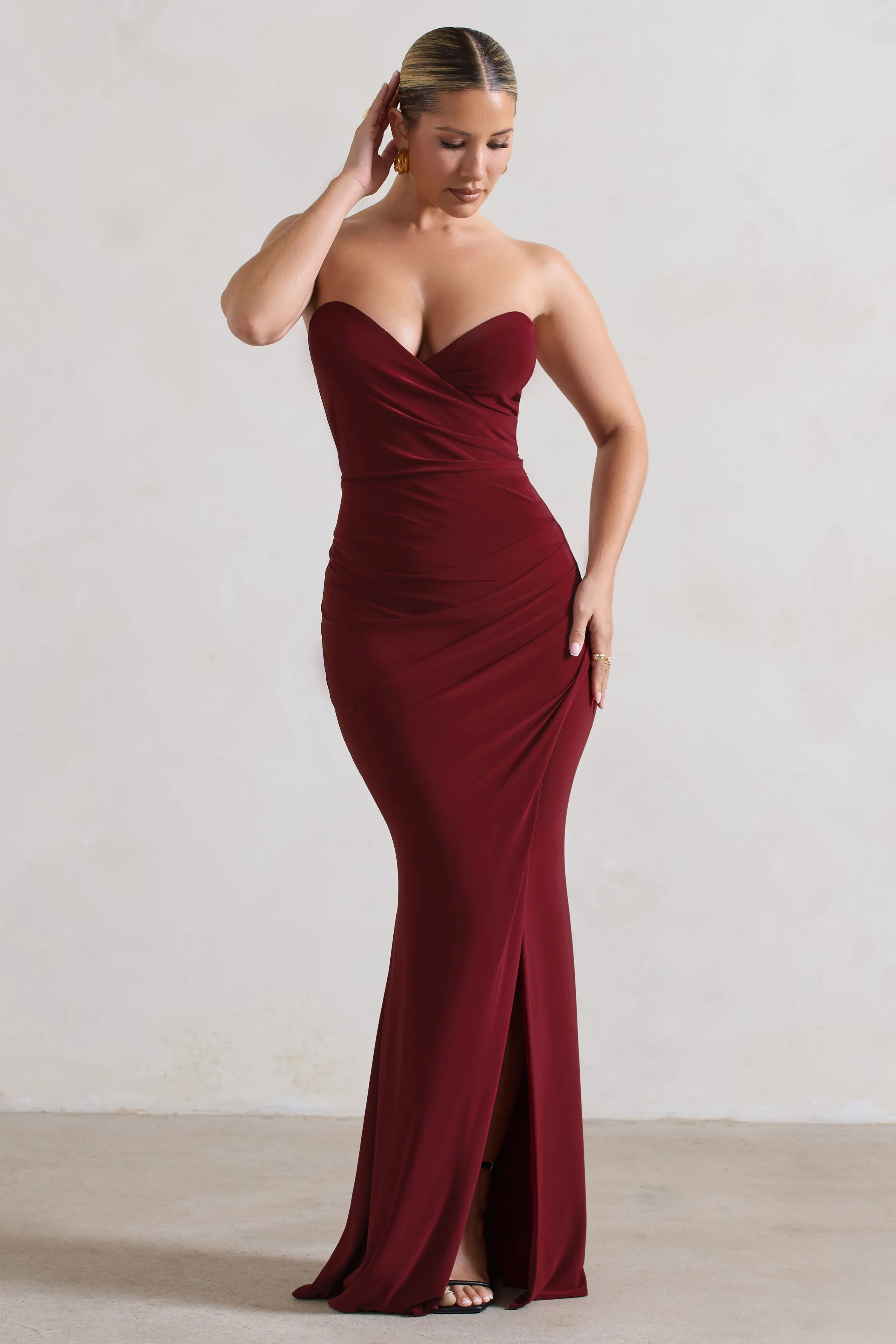 Saphira | Berry Gathered Corset Style Split Maxi Dress sold by Club L London product image thumbnail 4
