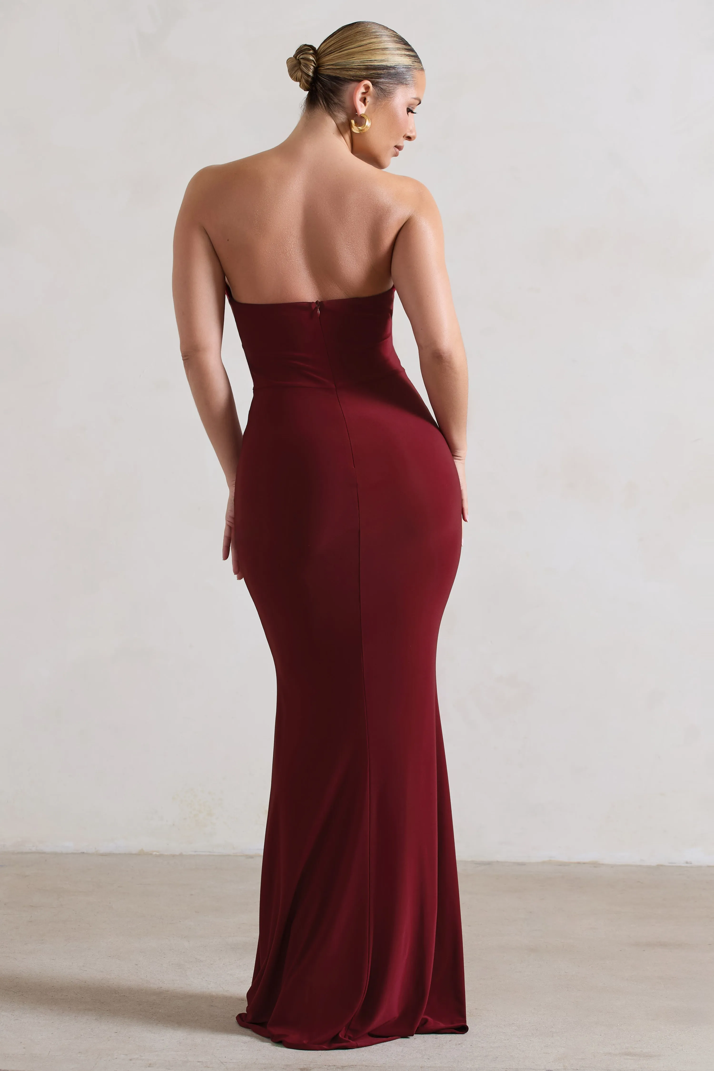 Saphira | Berry Gathered Corset Style Split Maxi Dress sold by Club L London product image thumbnail 3