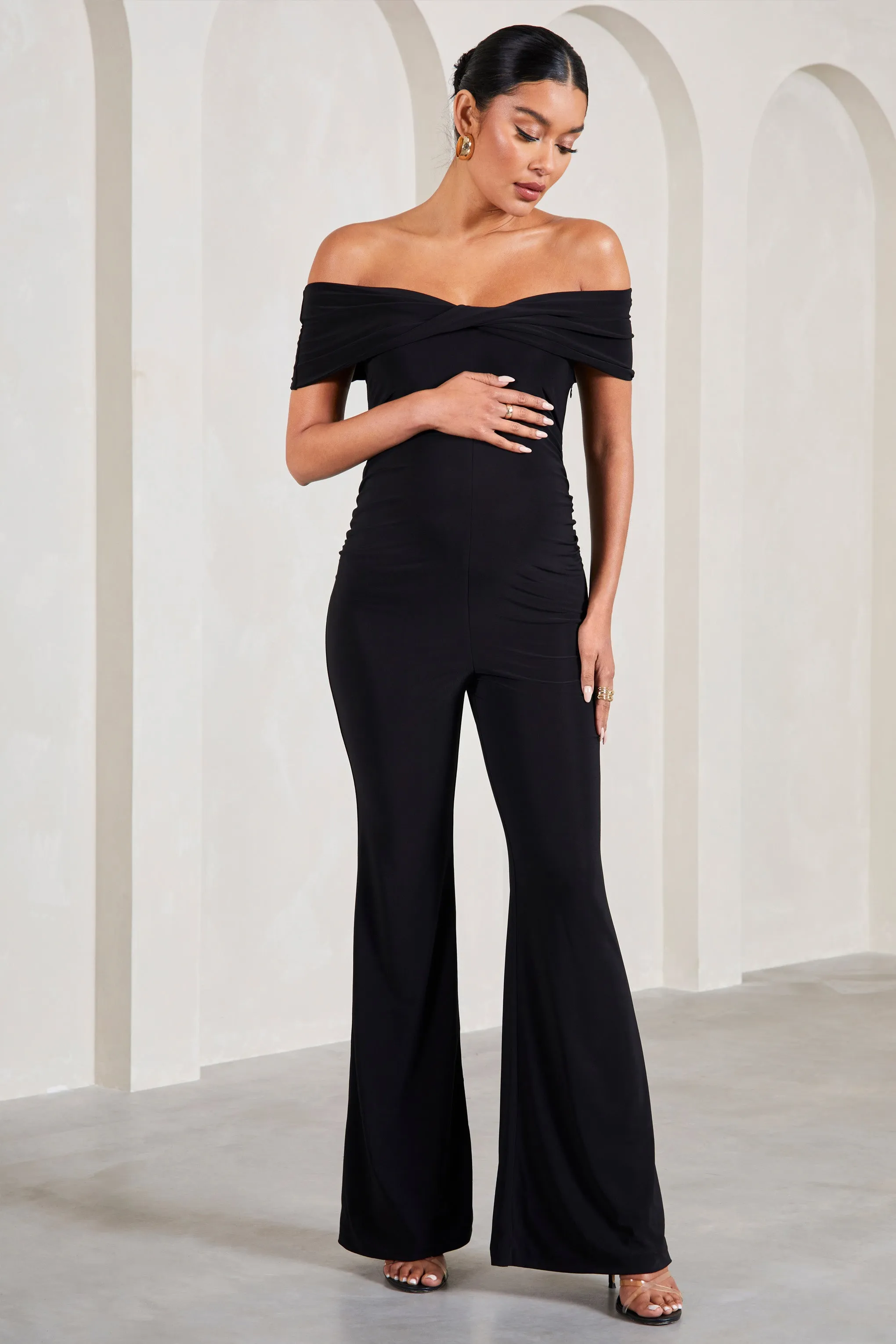 Elisa | Black Bardot Flared-Leg Maternity Jumpsuit sold by Club L London product image thumbnail 5