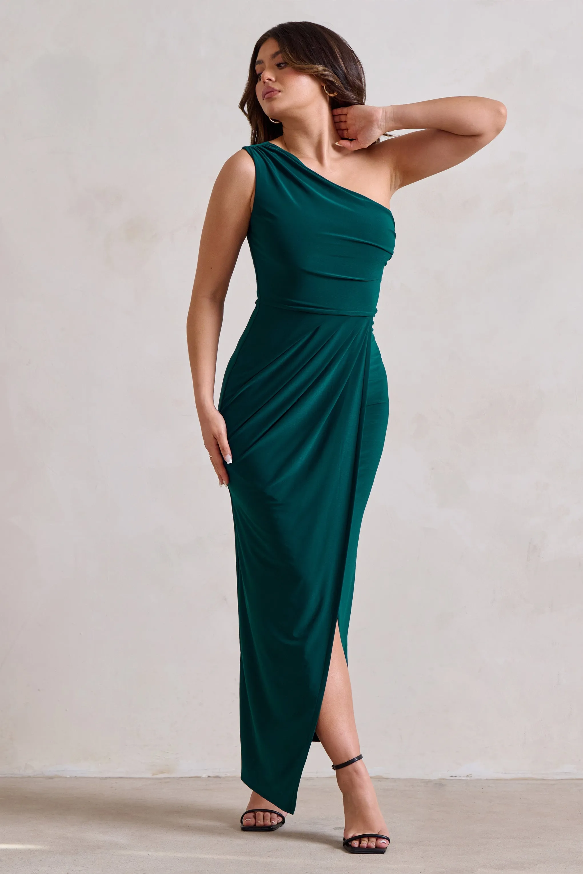 【海外限定】AdriannaPapell ドレス☆Green Studio One Shoulder One Shoulder Stretch Crepe Short Dress In Deep Emerald