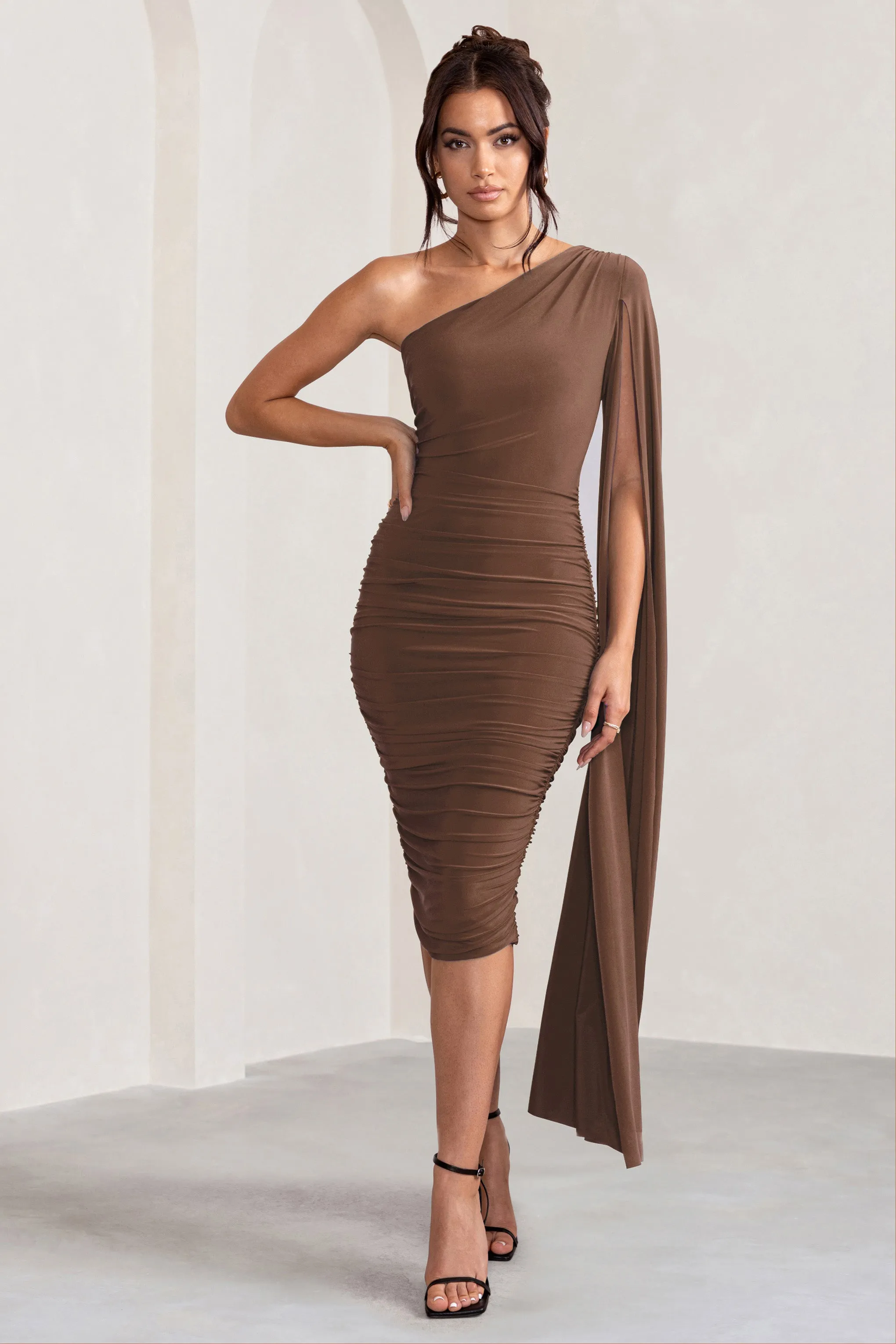 Yara | Chocolate Brown One Shoulder Cape Ruched Midi Dress sold by Club L London product image thumbnail 5