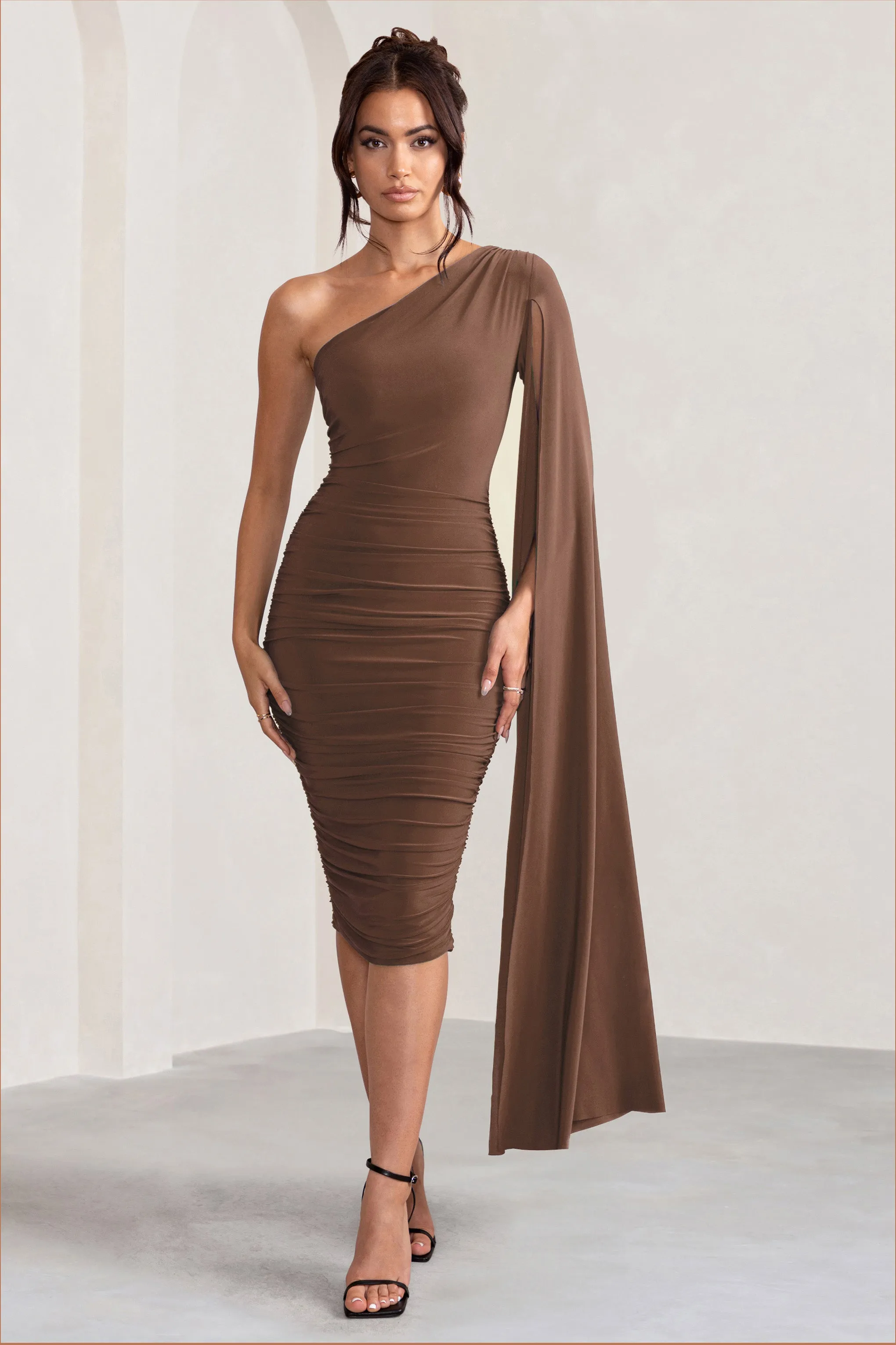 Yara | Chocolate Brown One Shoulder Cape Ruched Midi Dress sold by Club L London product image thumbnail 4