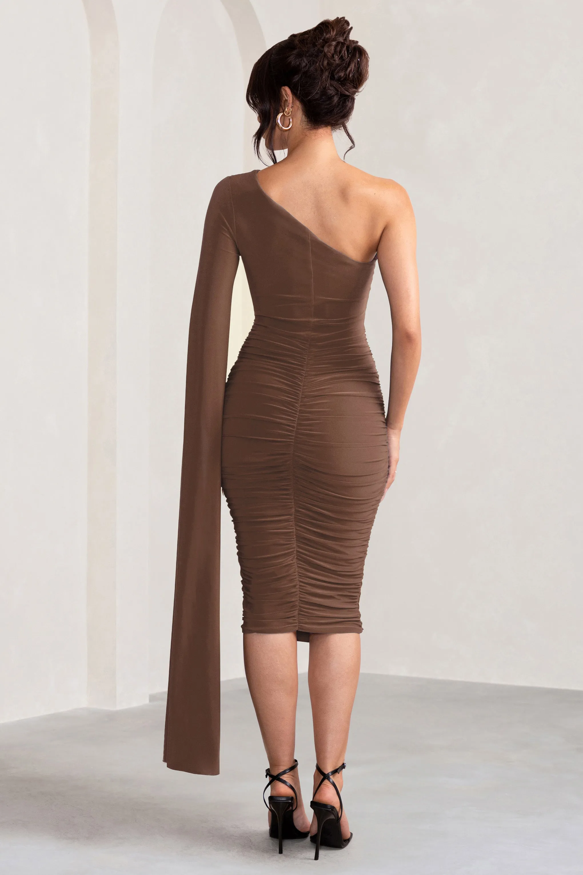 Yara | Chocolate Brown One Shoulder Cape Ruched Midi Dress sold by Club L London product image thumbnail 2