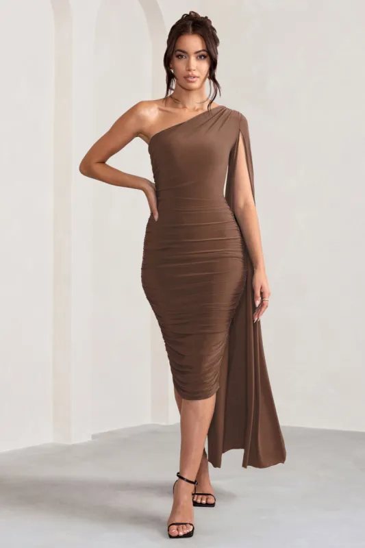 Yara | Chocolate Brown One Shoulder Cape Ruched Midi Dress sold by Club L London