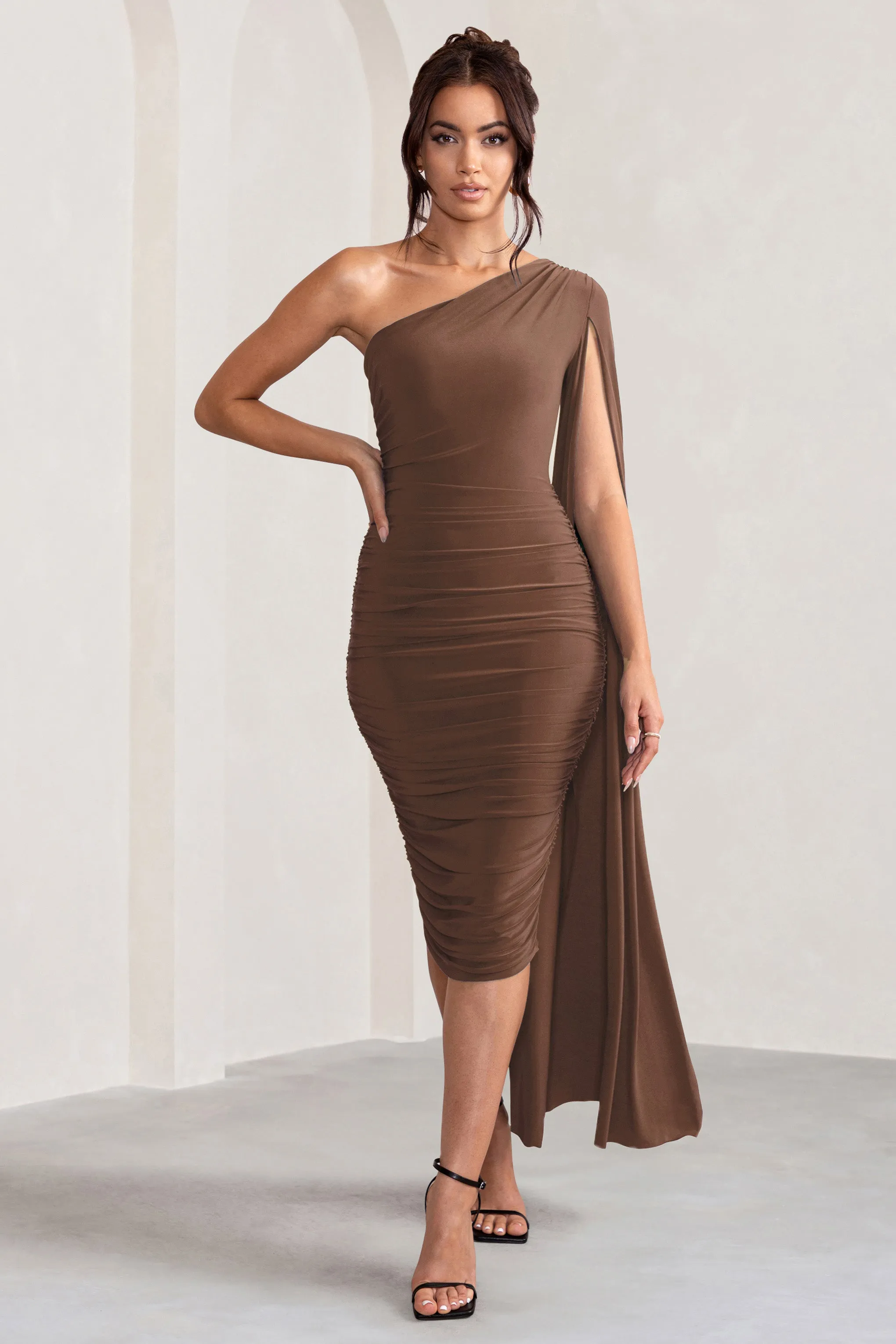 Yara | Chocolate Brown One Shoulder Cape Ruched Midi Dress sold by Club L London