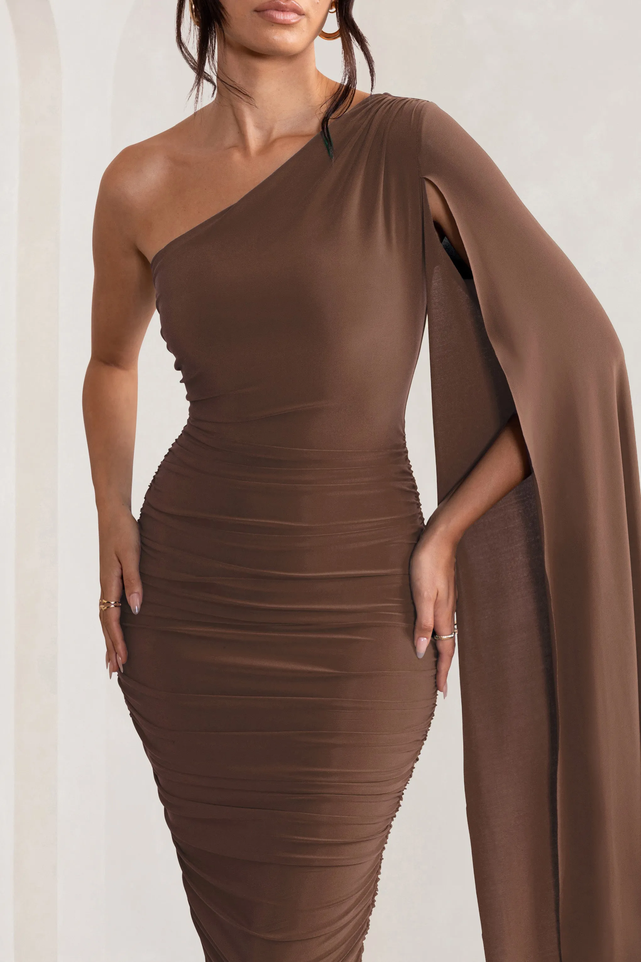 Yara | Chocolate Brown One Shoulder Cape Ruched Midi Dress sold by Club L London product image thumbnail 3