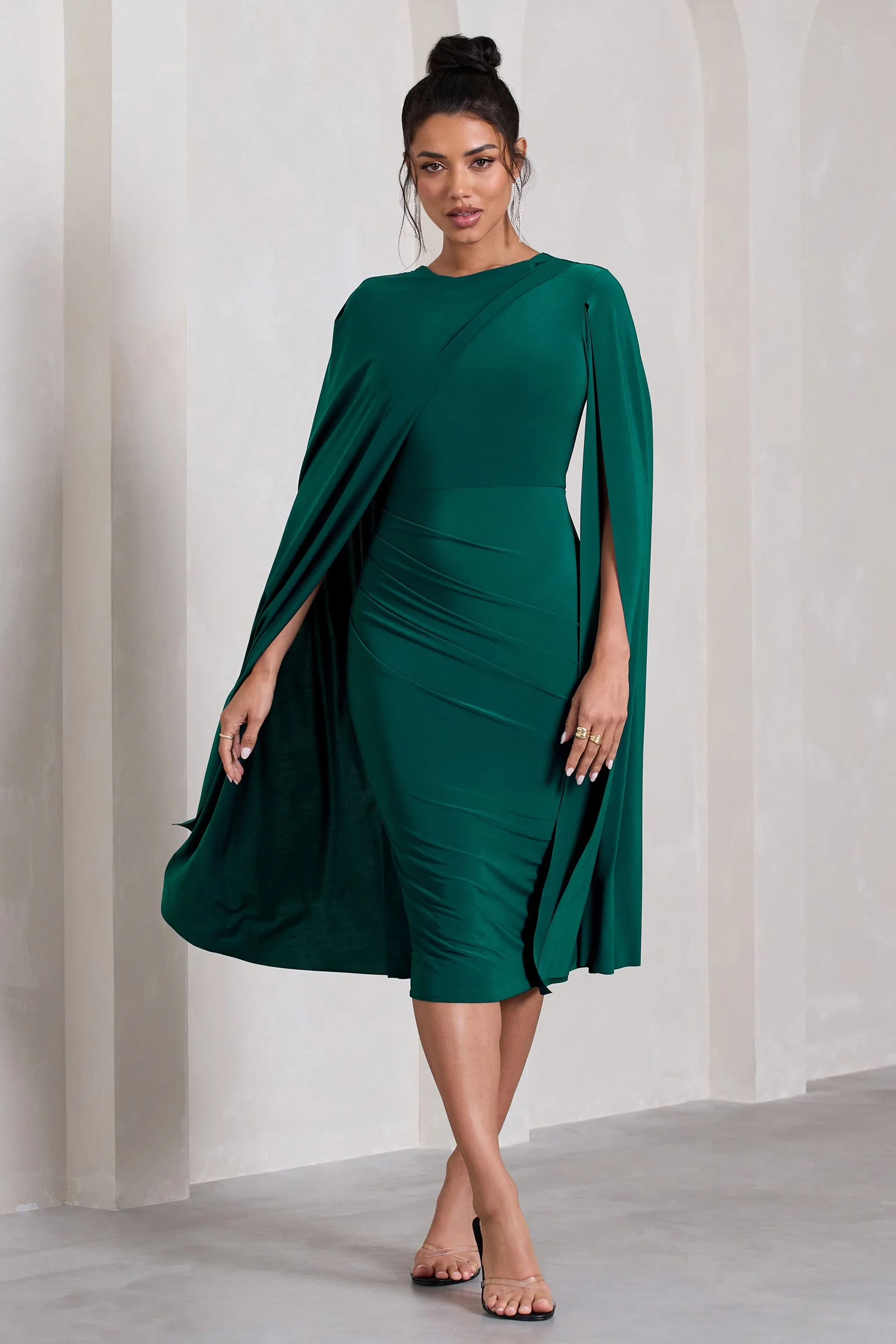 Marysol | Bottle Green Asymmetric Cape Midi Dress sold by Club L London product image thumbnail 3