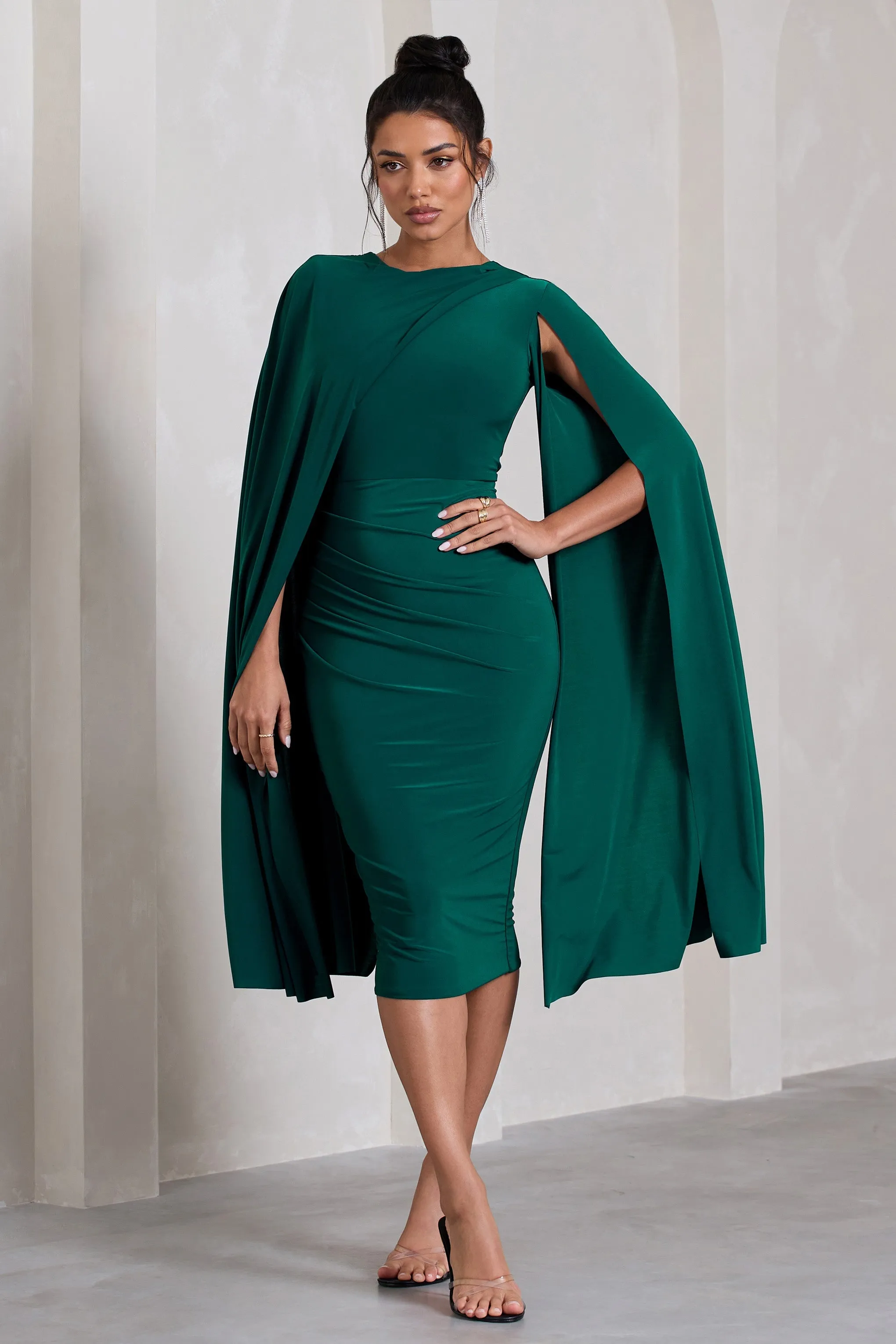 Marysol | Bottle Green Asymmetric Cape Midi Dress sold by Club L London product image thumbnail 5