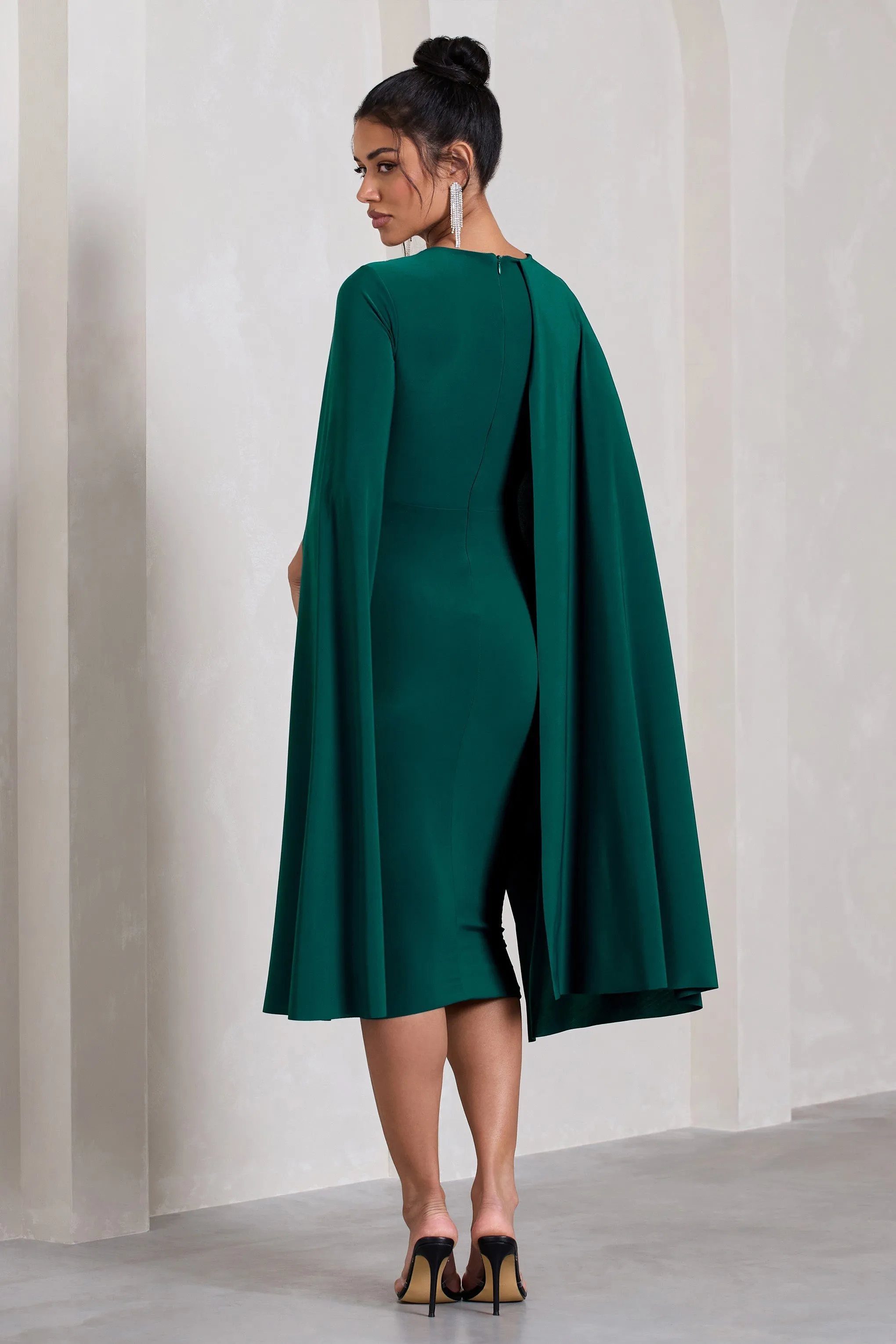 Marysol | Bottle Green Asymmetric Cape Midi Dress sold by Club L London product image thumbnail 2