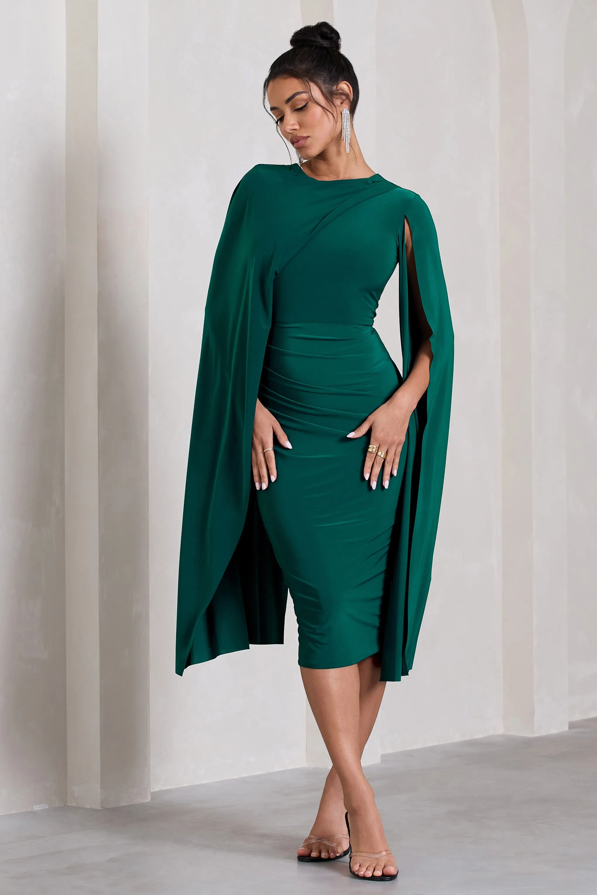 Marysol | Bottle Green Asymmetric Cape Midi Dress sold by Club L London