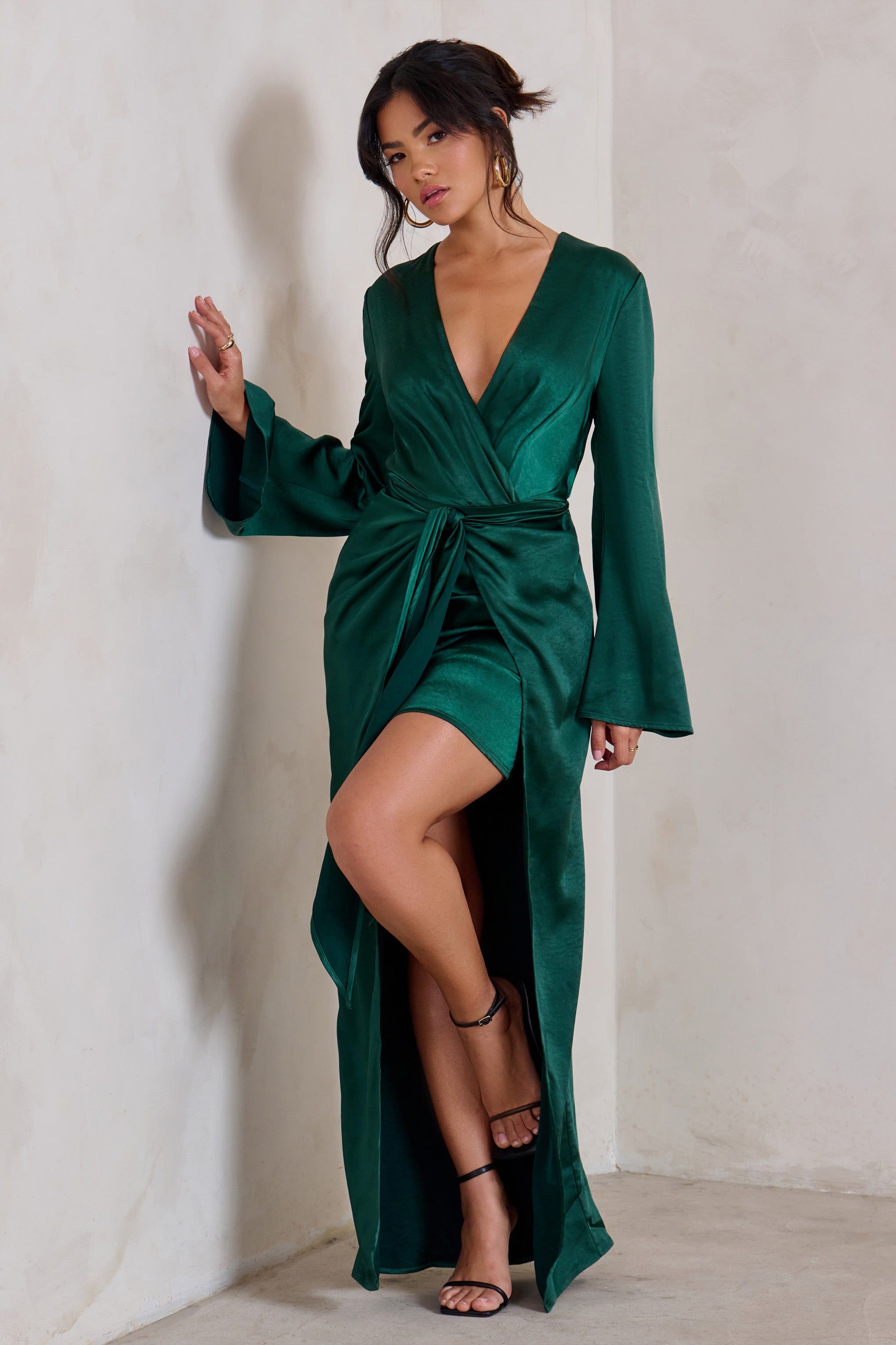 Patricia | Green Extreme Plunge Long Sleeve Maxi Dress With Tie Detail sold by Club L London