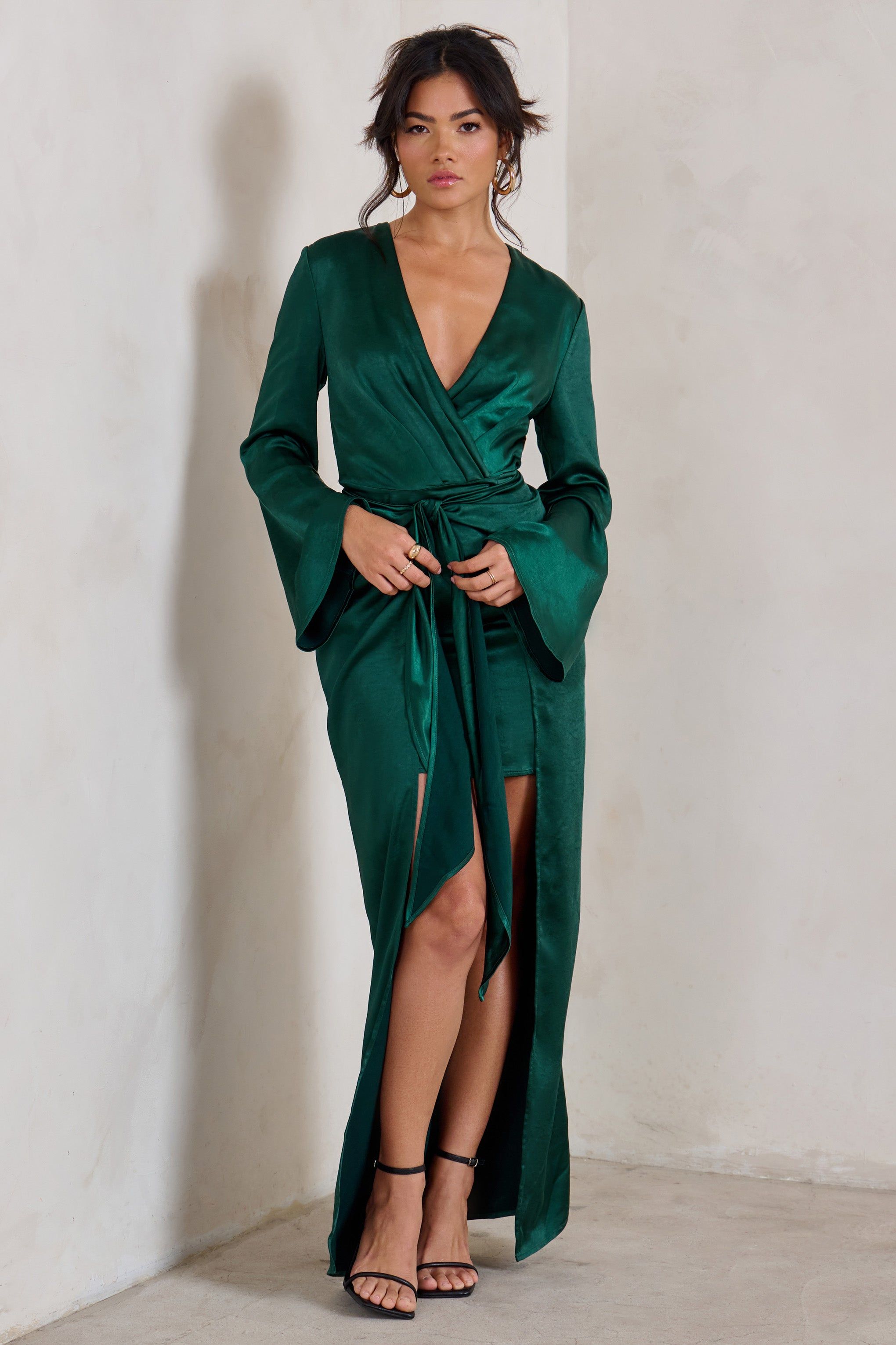 Patricia | Green Extreme Plunge Long Sleeve Maxi Dress With Tie Detail sold by Club L London product image thumbnail 5
