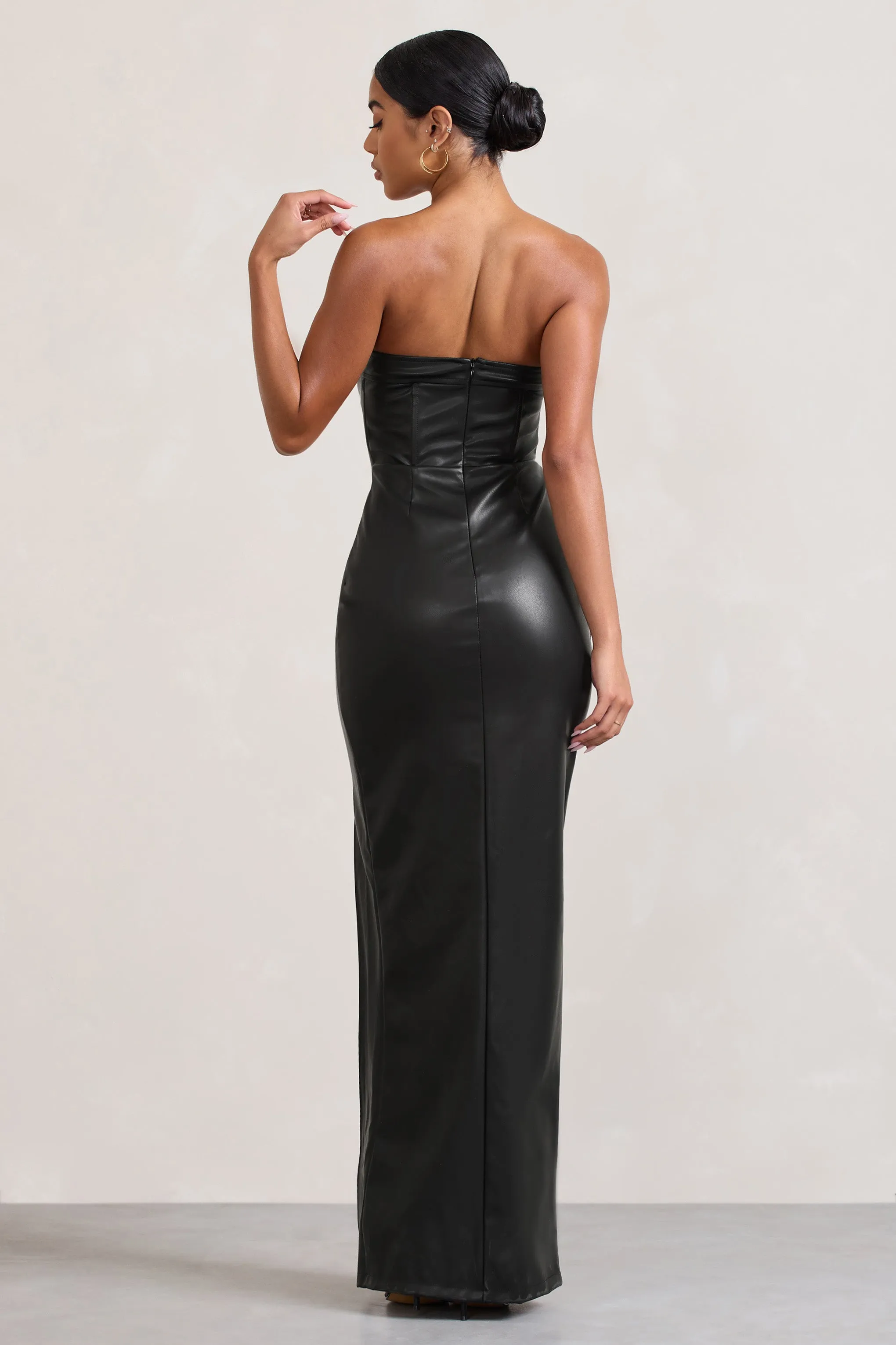 Marlene | Black Faux Leather Strapless Bandeau Split Maxi Dress sold by Club L London product image thumbnail 2