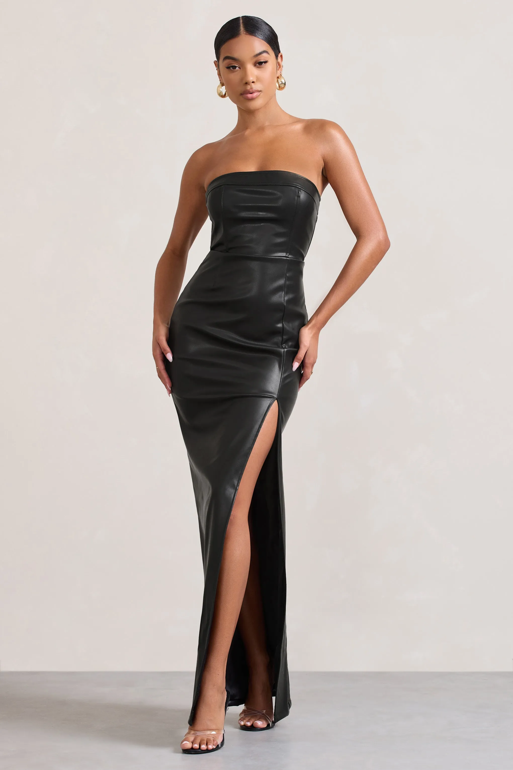 Marlene | Black Faux Leather Strapless Bandeau Split Maxi Dress sold by Club L London product image thumbnail 5