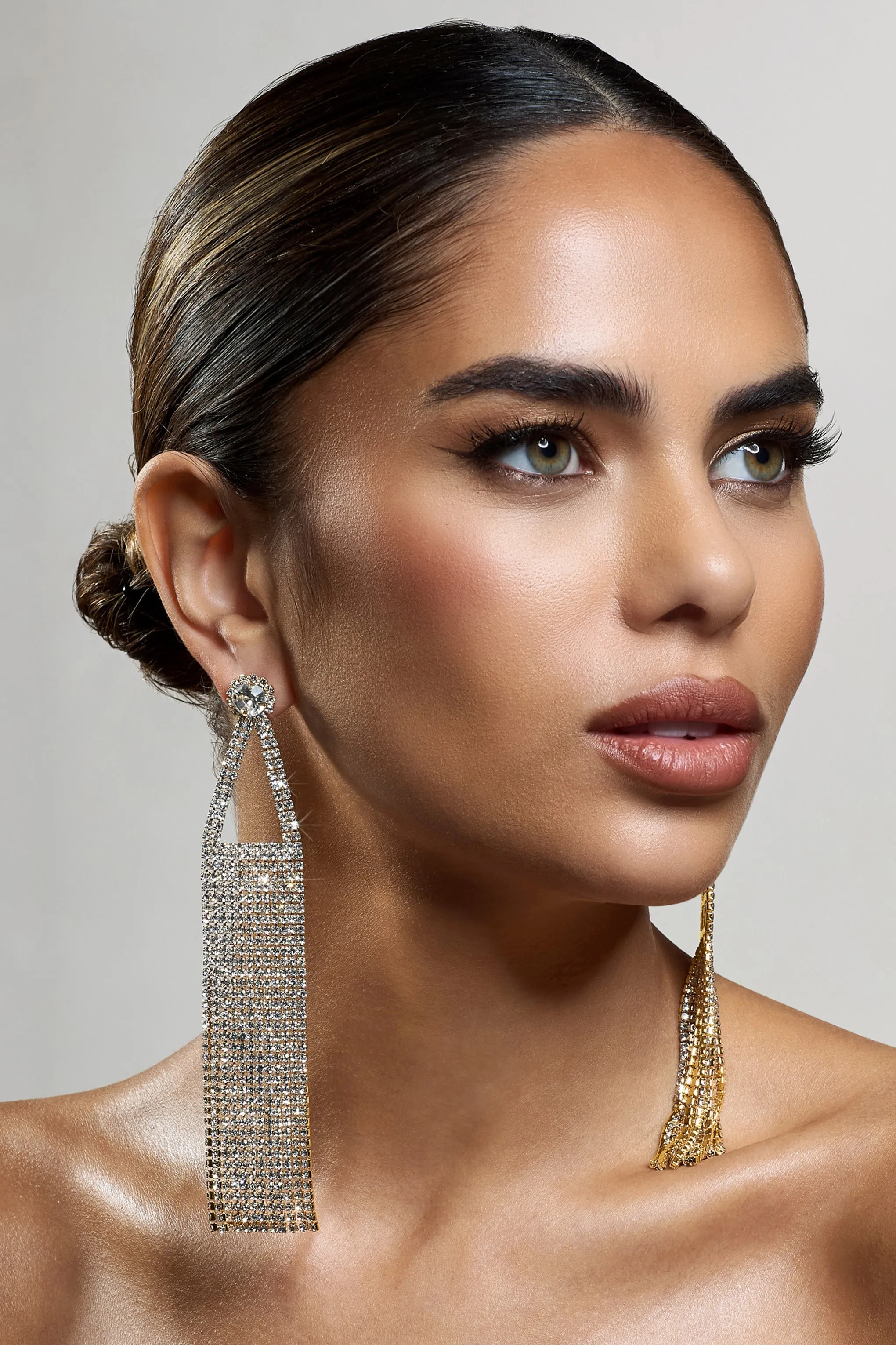 Glister | Gold Diamante Statement Tassel Earrings sold by Club L London product image thumbnail 3