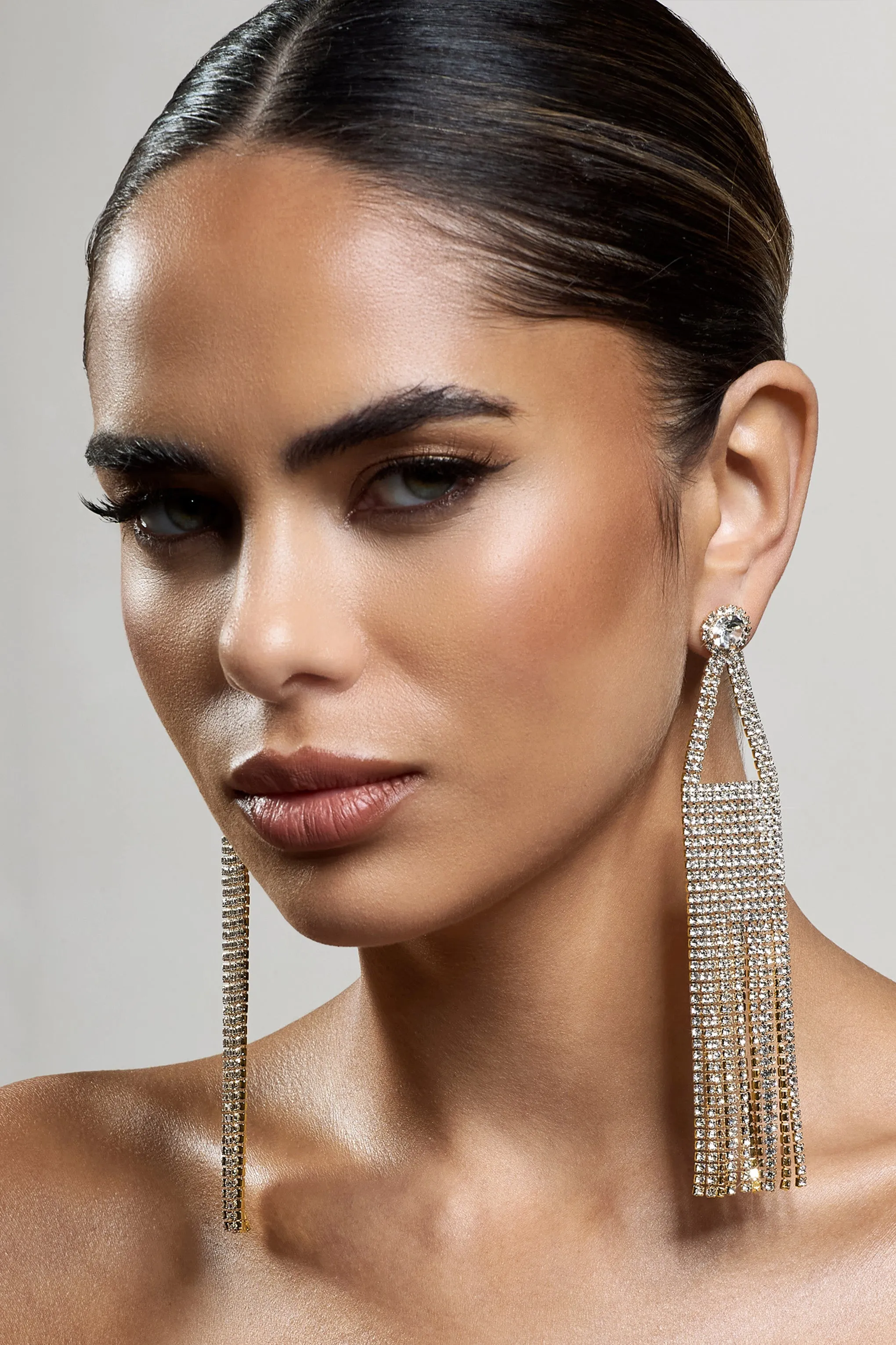 Glister | Gold Diamante Statement Tassel Earrings sold by Club L London product image thumbnail 2