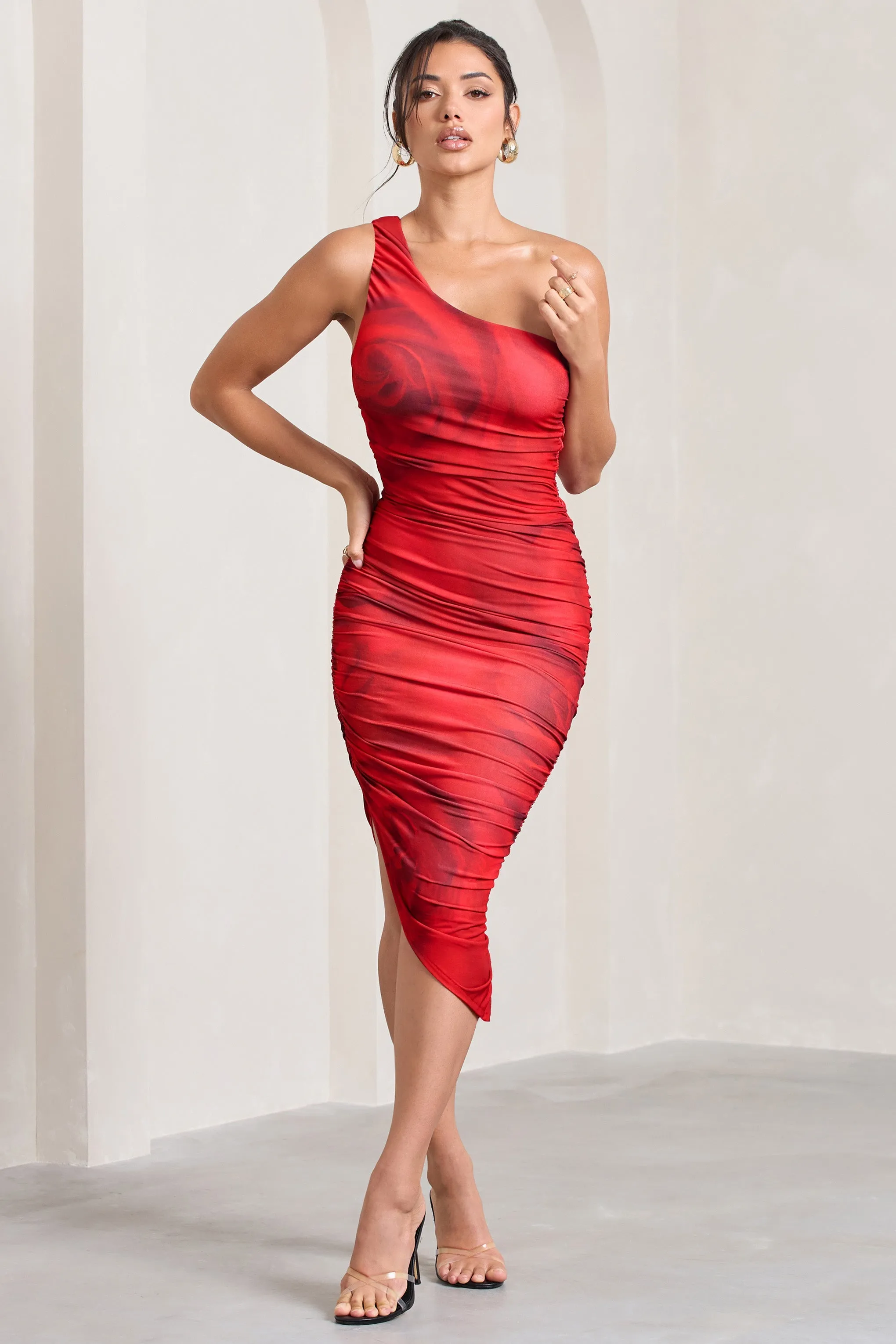 Late Night | Red Rose Print Asymmetric One Shoulder Ruched Midi Dress sold by Club L London product image thumbnail 2