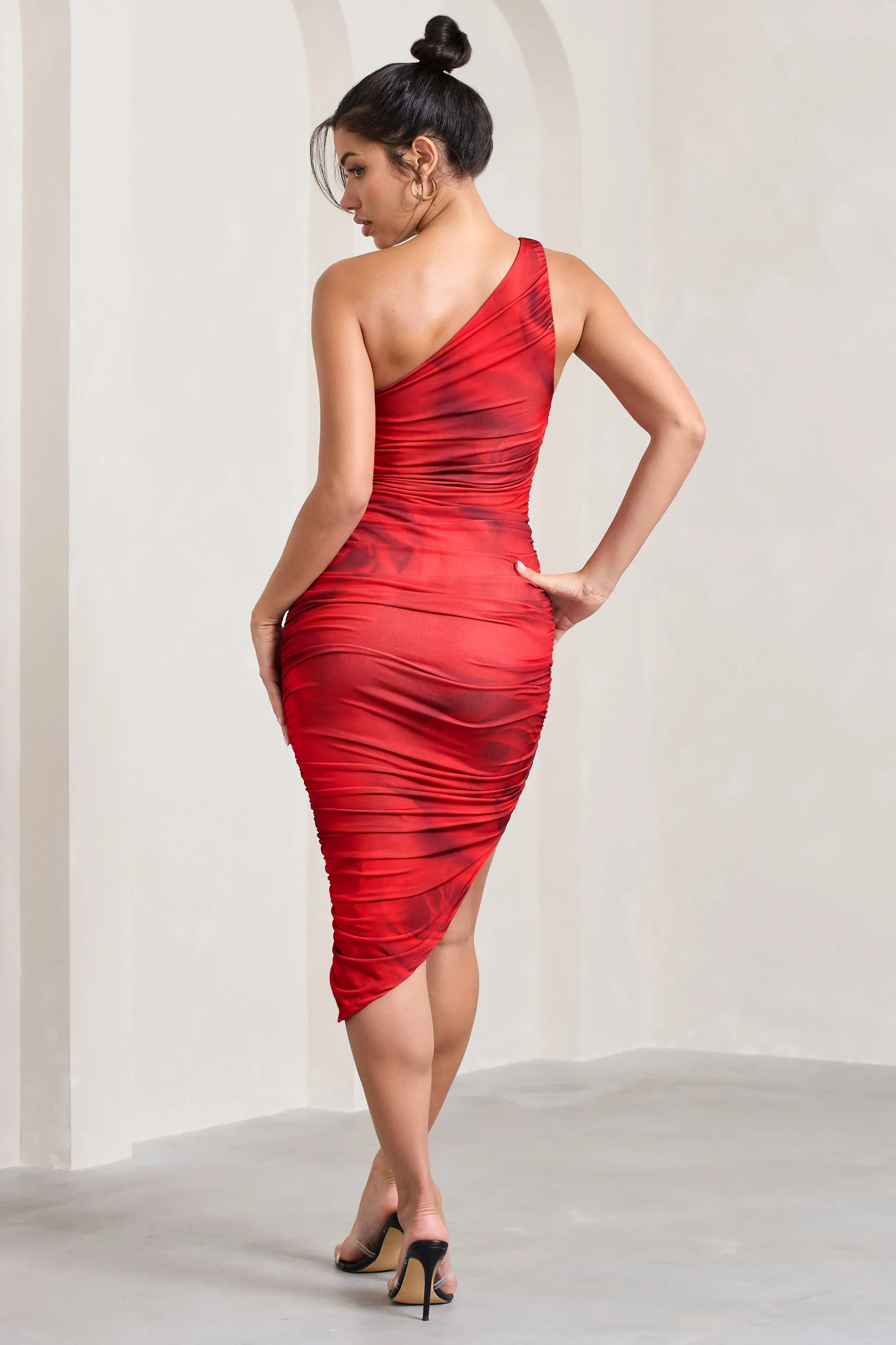Late Night | Red Rose Print Asymmetric One Shoulder Ruched Midi Dress sold by Club L London product image thumbnail 3