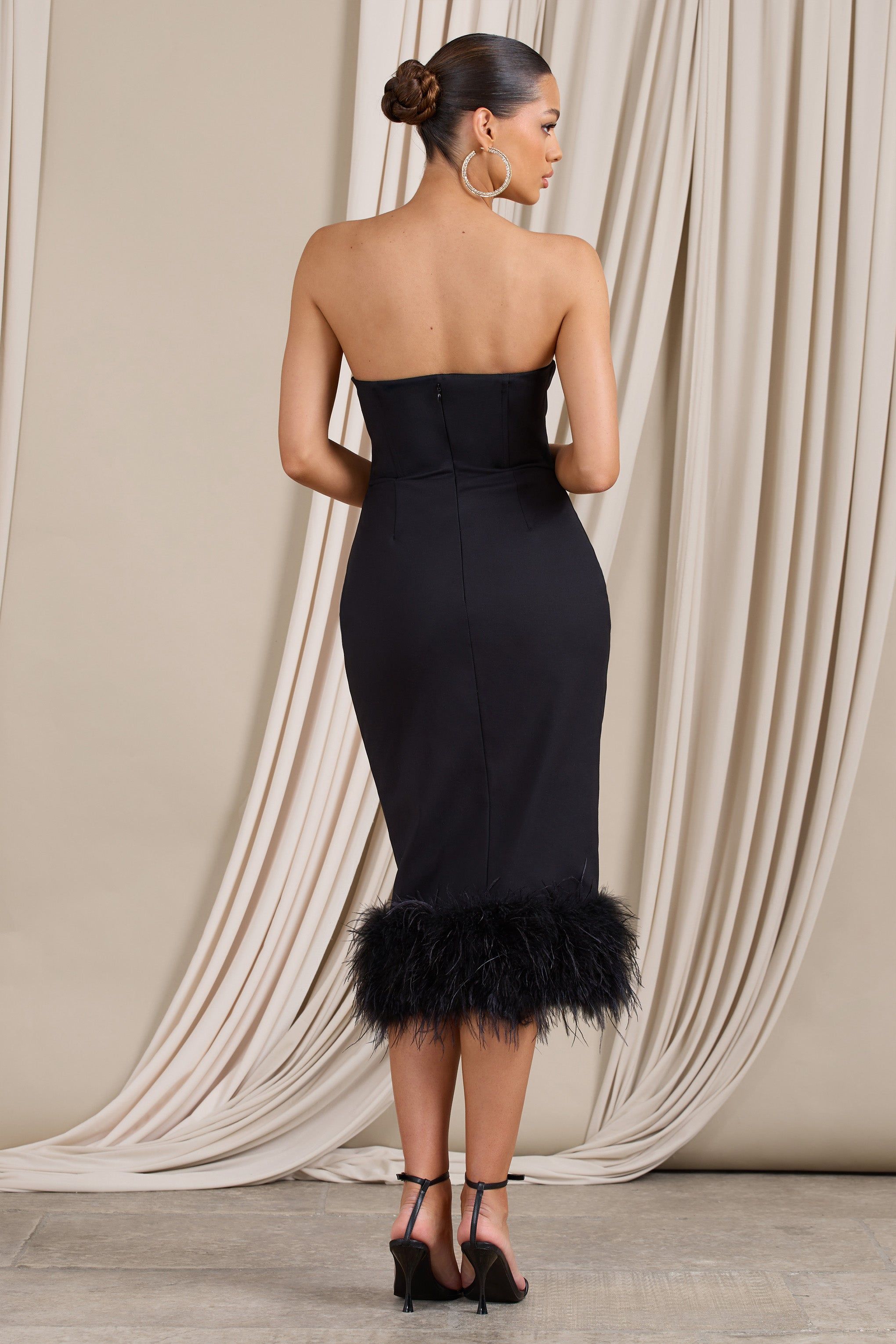 Kensington | Black Bodycon Midi Dress With Statement Feather Trim sold by Club L London product image thumbnail 2