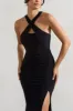 Jianna | Black Cross Over Halter-Neck Split Maxi Dress sold by Club L London