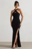 Jianna | Black Cross Over Halter-Neck Split Maxi Dress sold by Club L London